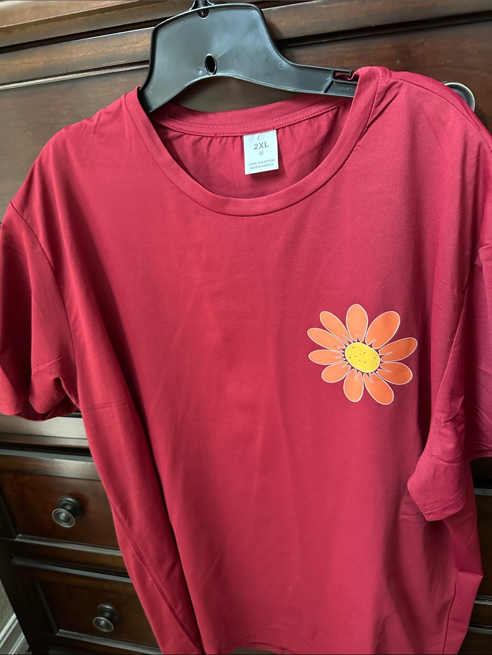 Women's Maroon Short-Sleeve Tee with Orange Daisy Motif